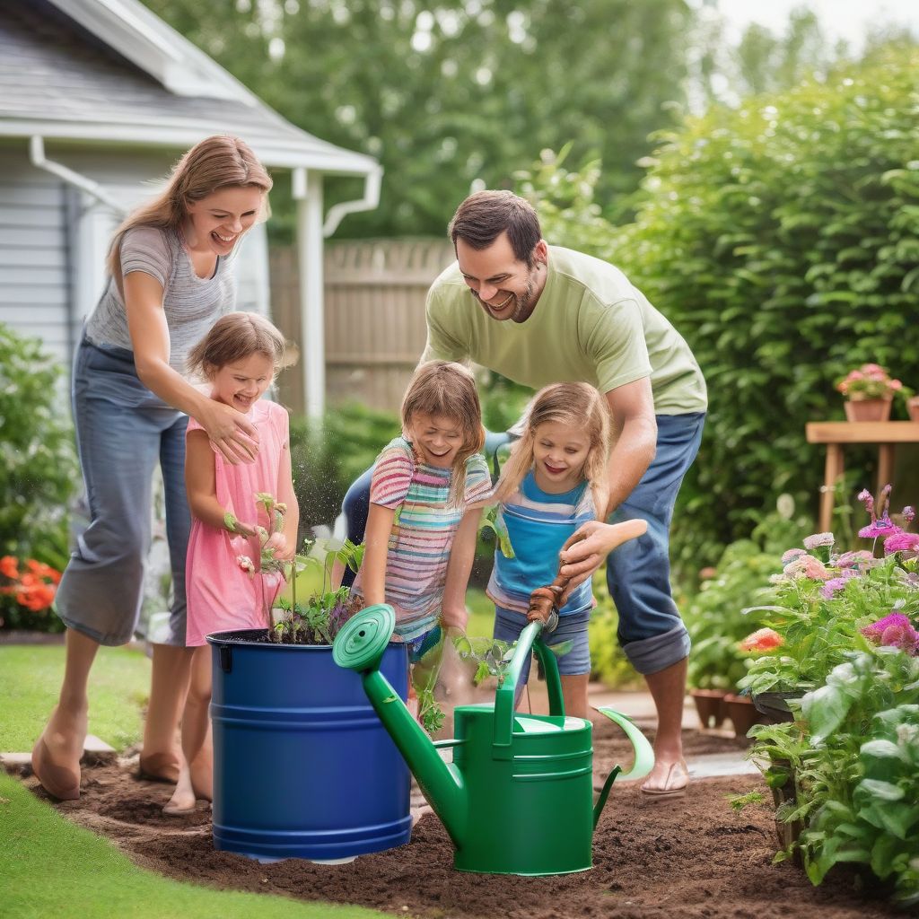 Family Watering Garden with Rain Barrel